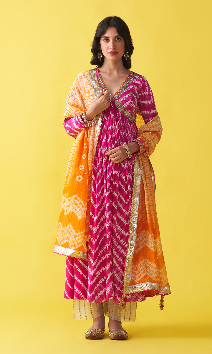 Gulzaar rani pink embroidered shibori v-neck  anarkali with palazzo and dupatta (set of 3)