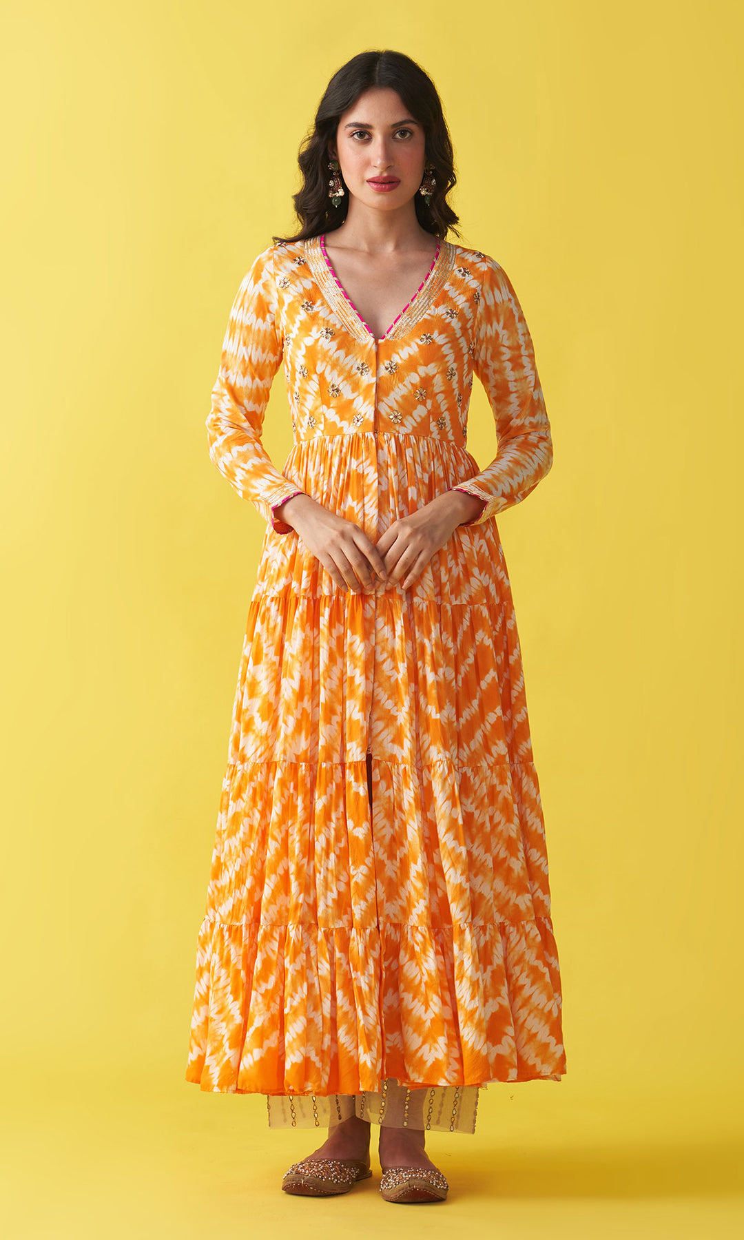 Gulzaar Orange Shibori Gathered Jacket with Palazzo and Dupatta (Set of  3)