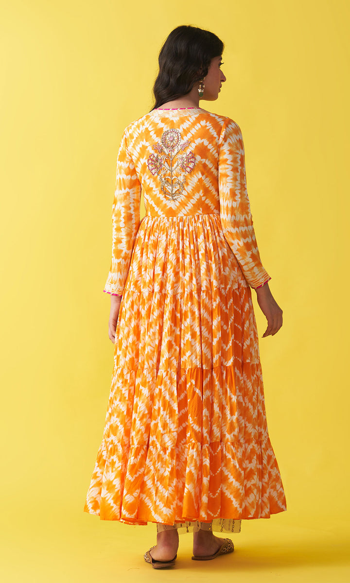 Gulzaar Orange Shibori Gathered Jacket with Palazzo and Dupatta (Set of  3)