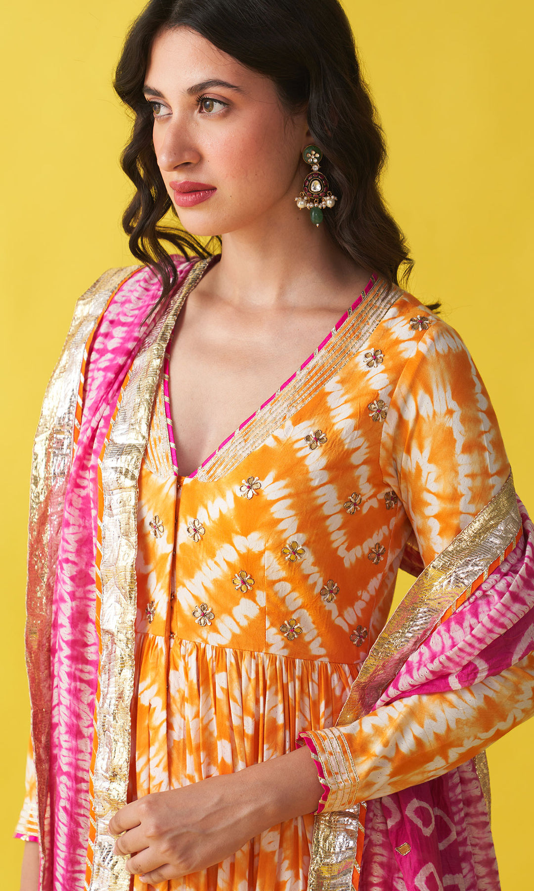 Gulzaar Orange Shibori Gathered Jacket with Palazzo and Dupatta (Set of  3)