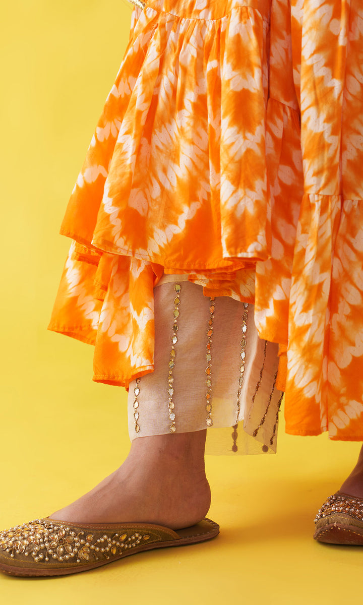 Gulzaar Orange Shibori Gathered Jacket with Palazzo and Dupatta (Set of  3)