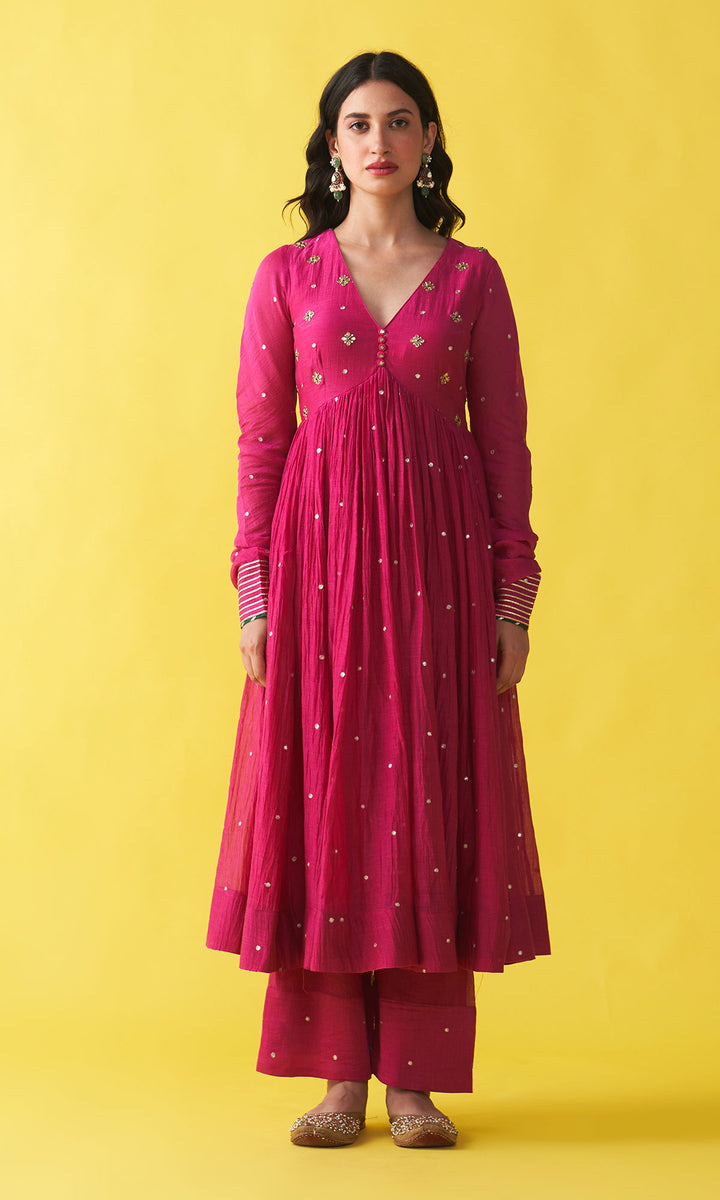 Gulzaar rani pink v-neck embroidered anarkali with palazzo and orange shibori dupatta (set of 3)