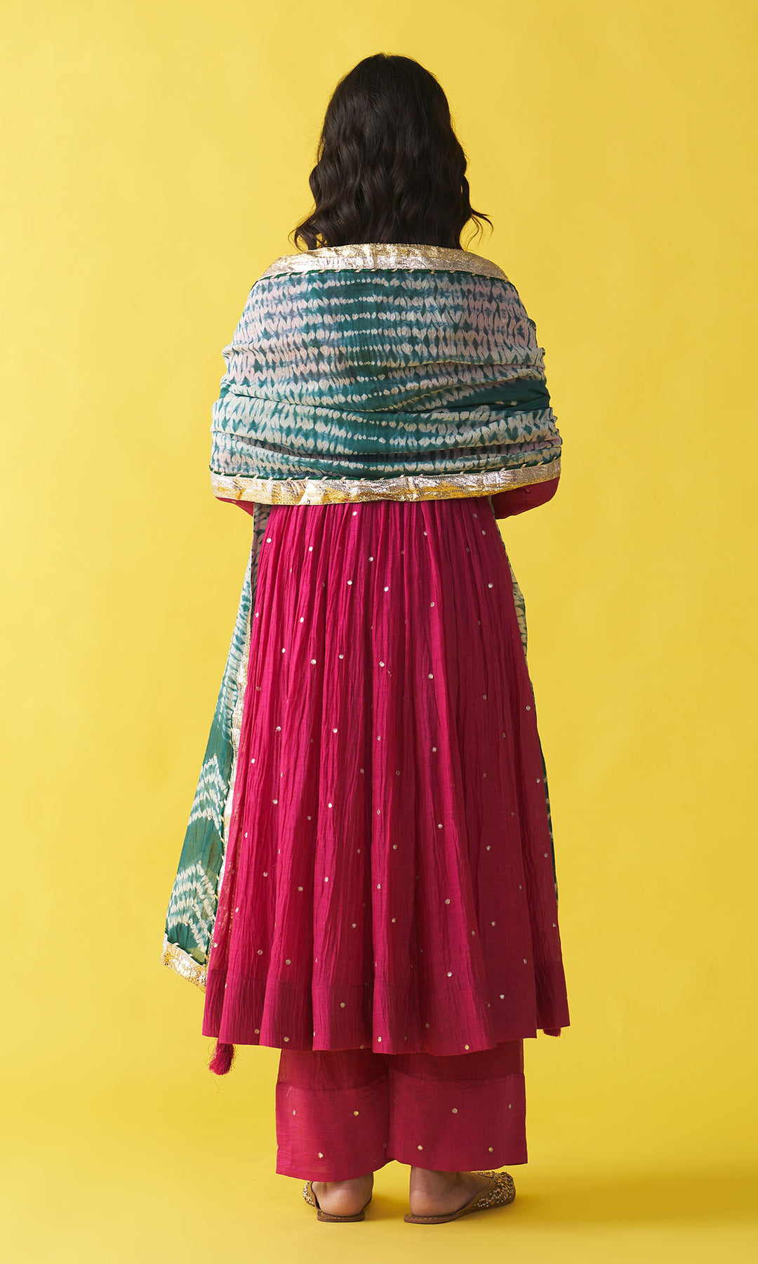 Gulzaar Rani pink v-neck embroidered anarkali with palazzo and teel green shibori dupatta  (set of 3)