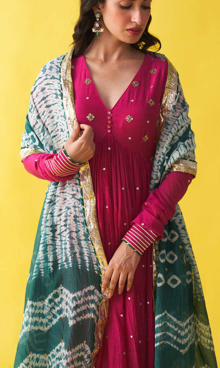 Gulzaar Rani pink v-neck embroidered anarkali with palazzo and teel green shibori dupatta  (set of 3)