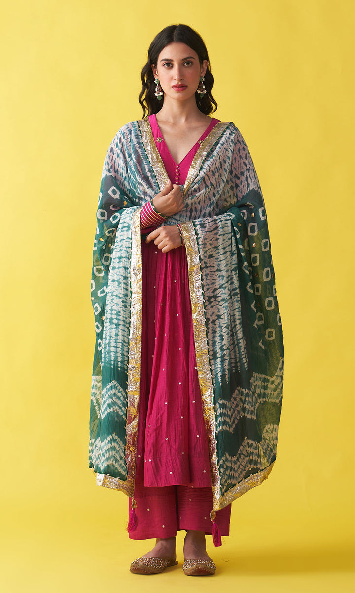 Gulzaar Rani pink v-neck embroidered anarkali with palazzo and teel green shibori dupatta  (set of 3)