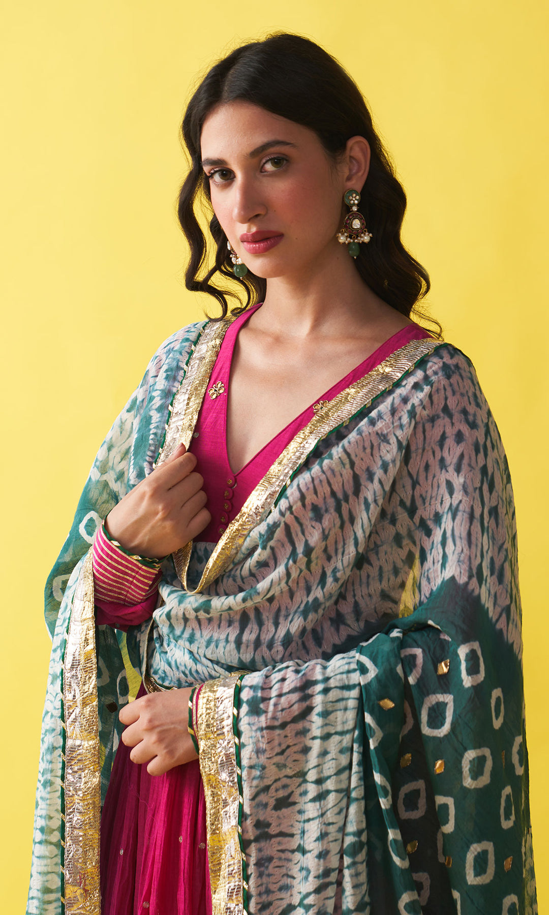 Gulzaar Rani pink v-neck embroidered anarkali with palazzo and teel green shibori dupatta  (set of 3)