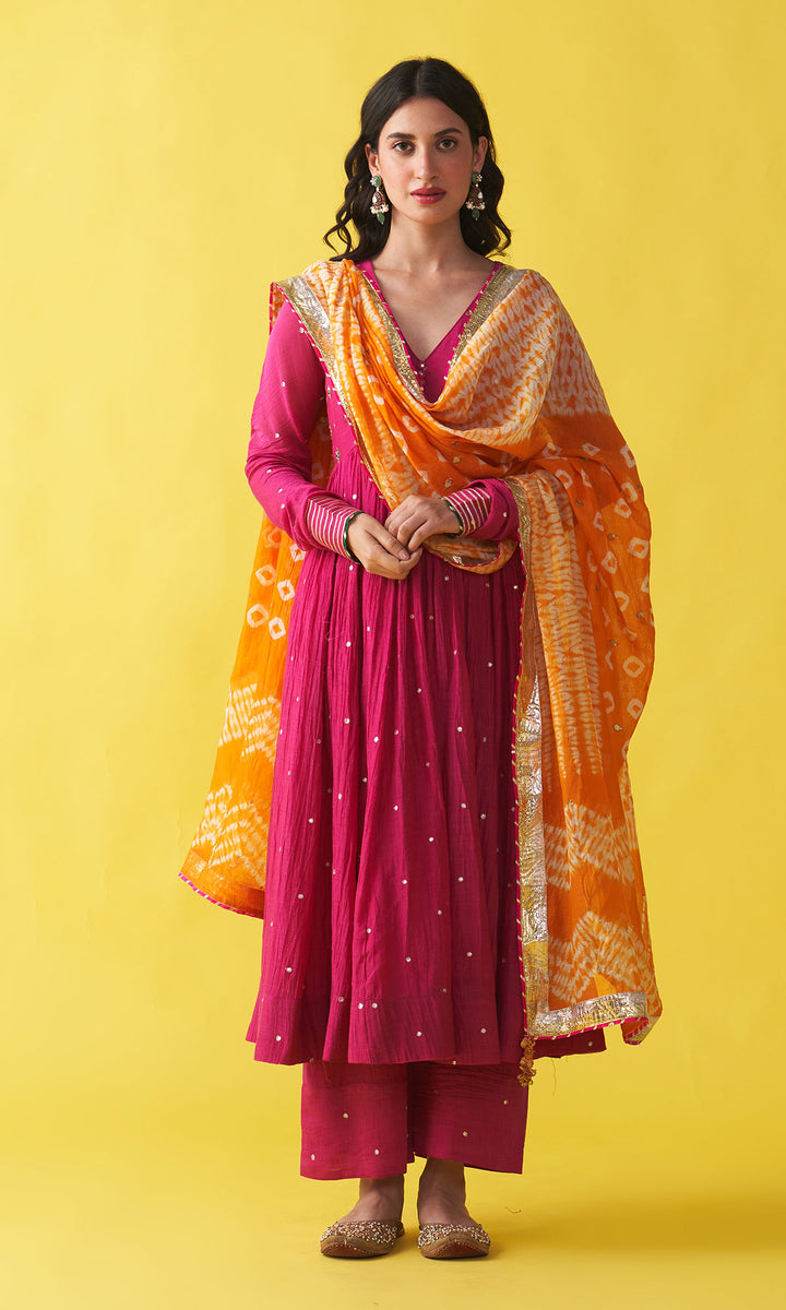 Gulzaar rani pink v-neck embroidered anarkali with palazzo and orange shibori dupatta (set of 3)