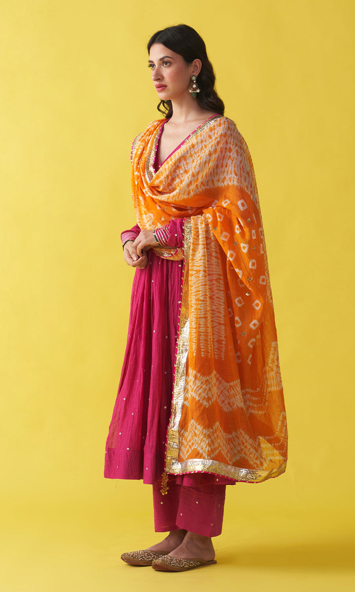 Gulzaar rani pink v-neck embroidered anarkali with palazzo and orange shibori dupatta (set of 3)