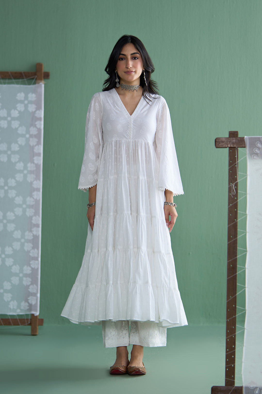 Chhaya Vol 2 White Long yoke gather anarkali with palazzo and dupatta (set of 3)