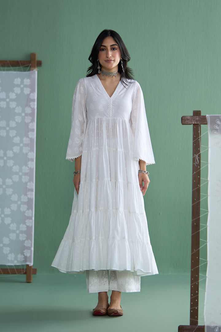 Chhaya Vol 2 White Long yoke gather anarkali with palazzo and dupatta (set of 3)