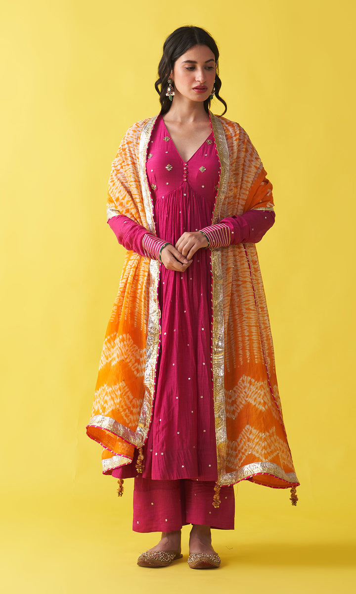 Gulzaar rani pink v-neck embroidered anarkali with palazzo and orange shibori dupatta (set of 3)
