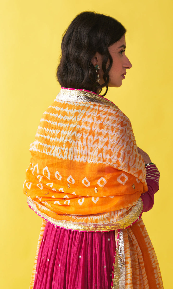 Gulzaar rani pink v-neck embroidered anarkali with palazzo and orange shibori dupatta (set of 3)