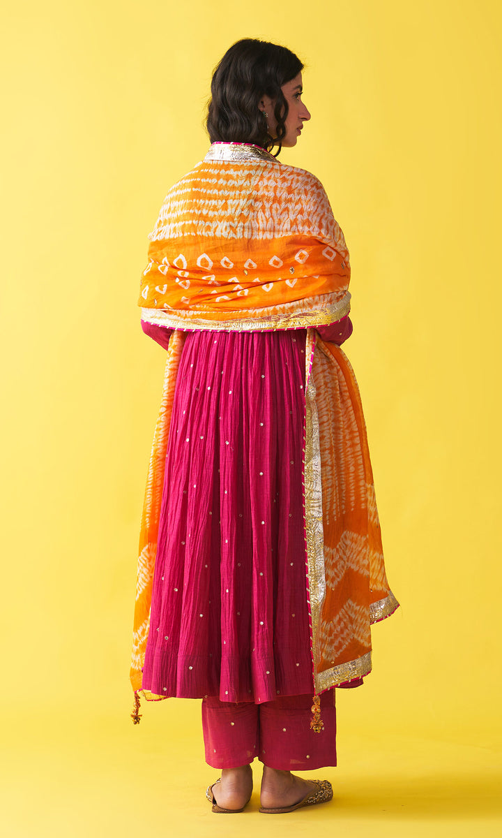 Gulzaar rani pink v-neck embroidered anarkali with palazzo and orange shibori dupatta (set of 3)