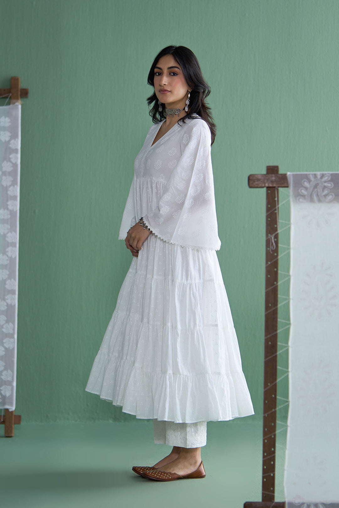 Chhaya Vol 2 White Long yoke gather anarkali with palazzo and dupatta (set of 3)