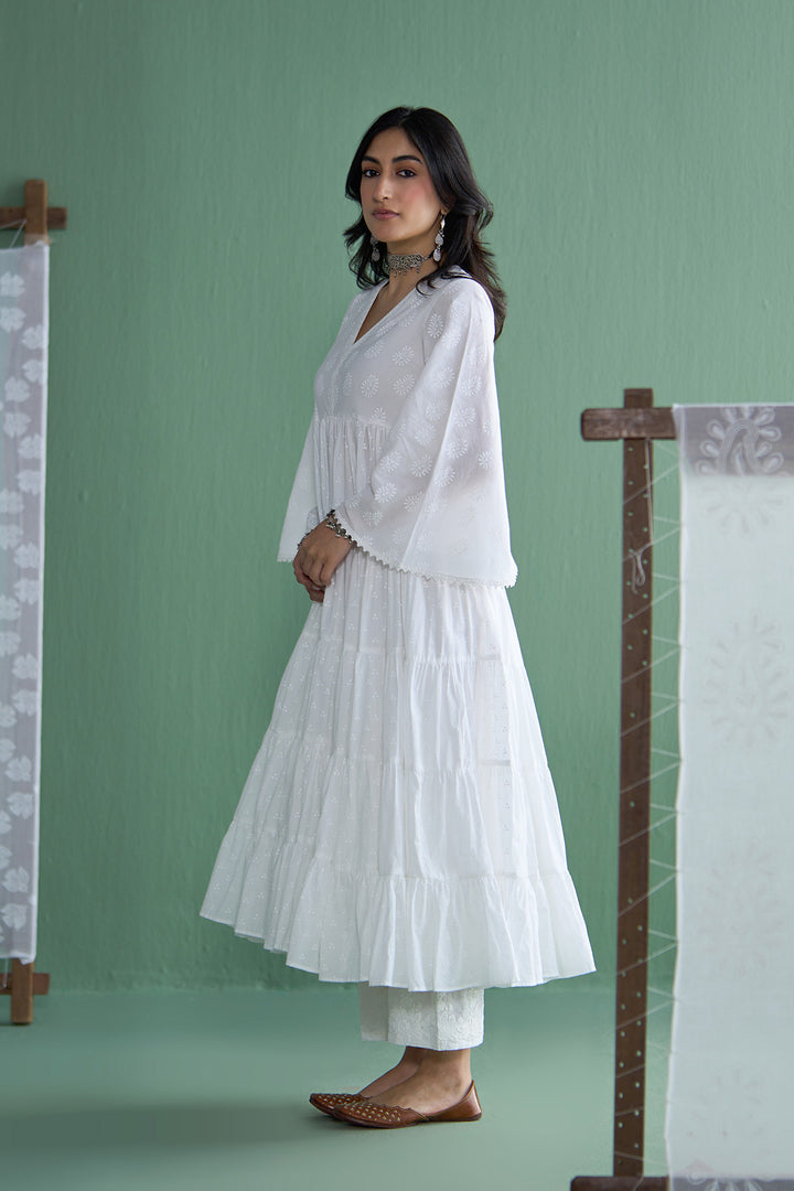 Chhaya Vol 2 White Long yoke gather anarkali with palazzo and dupatta (set of 3)