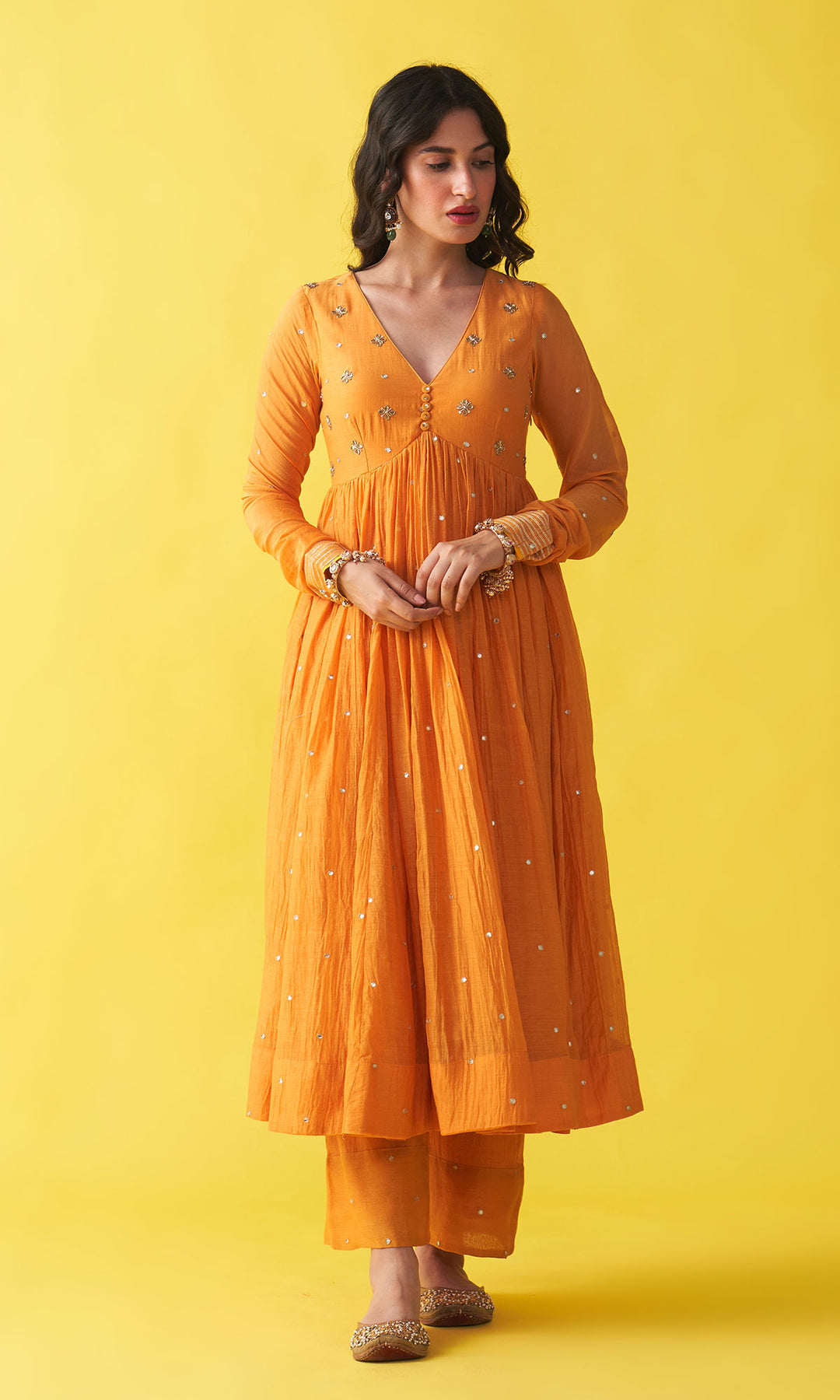 Gulzaar Mustard V-Neck Embroidered Anarkali with Palazzo and  Teel Green Shibori Dupatta (set of 3)