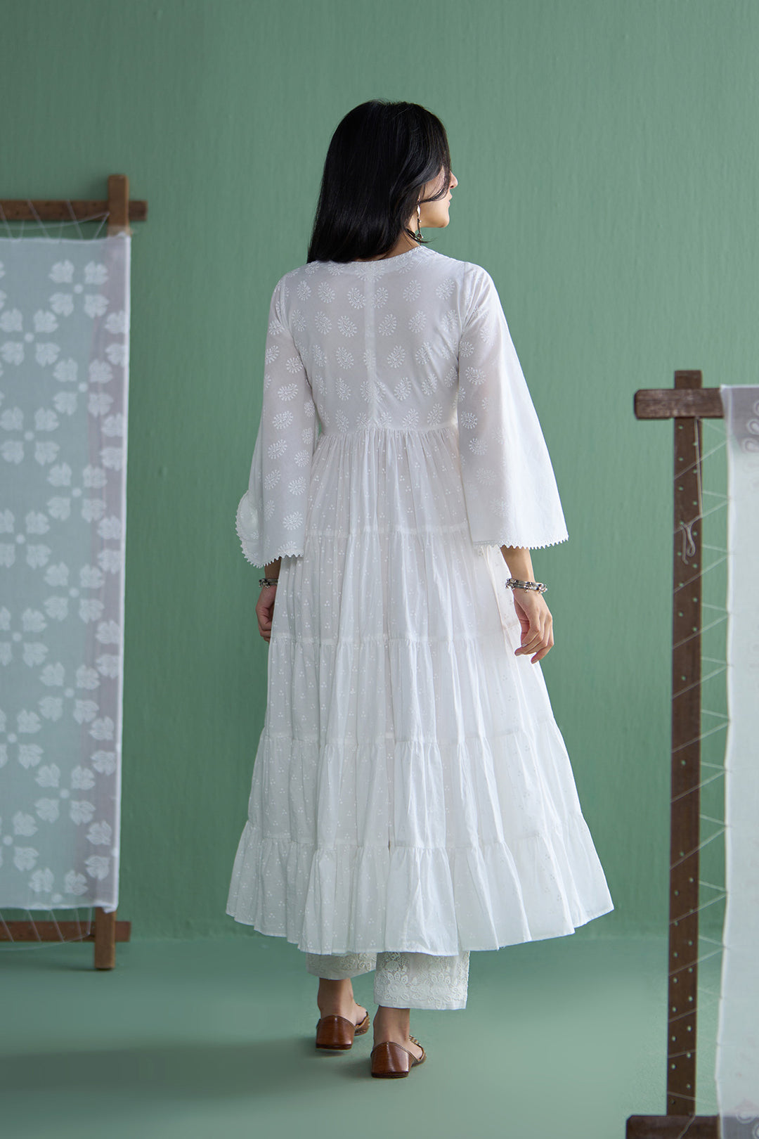 Chhaya Vol 2 White Long yoke gather anarkali with palazzo and dupatta (set of 3)