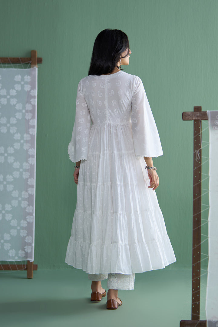 Chhaya Vol 2 White Long yoke gather anarkali with palazzo and dupatta (set of 3)