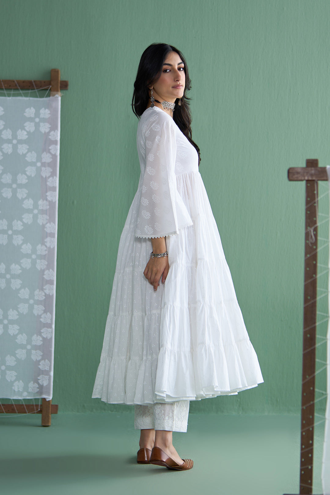 Chhaya Vol 2 White Long yoke gather anarkali with palazzo and dupatta (set of 3)