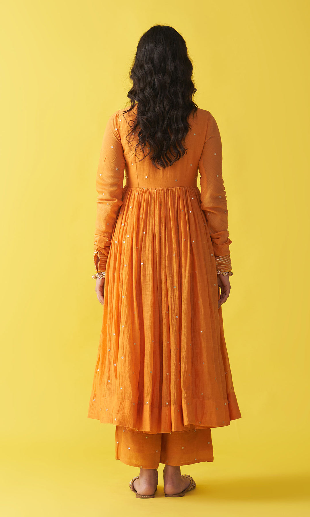 Gulzaar Mustard V-Neck Embroidered Anarkali with Palazzo and  Teel Green Shibori Dupatta (set of 3)