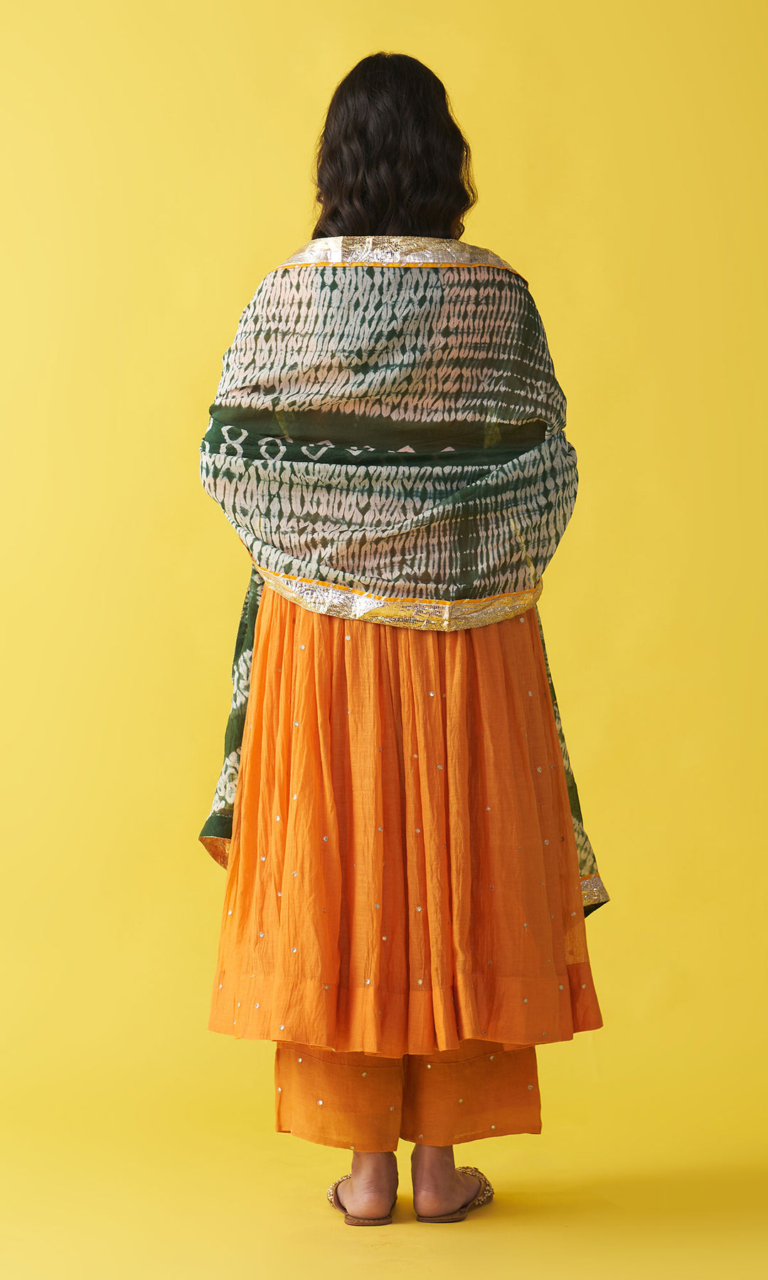 Gulzaar Mustard V-Neck Embroidered Anarkali with Palazzo and  Teel Green Shibori Dupatta (set of 3)