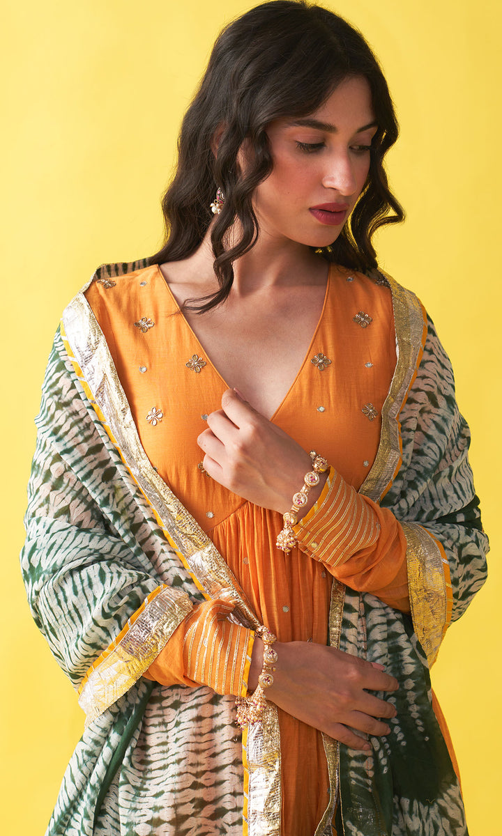 Gulzaar Mustard V-Neck Embroidered Anarkali with Palazzo and  Teel Green Shibori Dupatta (set of 3)