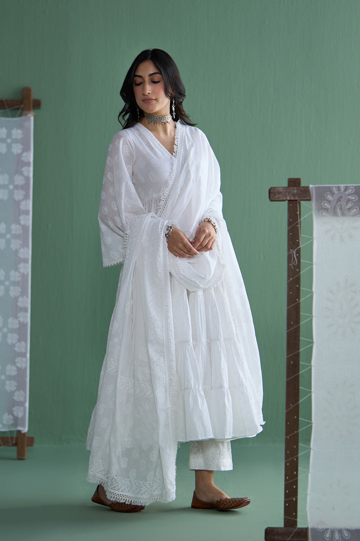 Chhaya Vol 2 White Long yoke gather anarkali with palazzo and dupatta (set of 3)