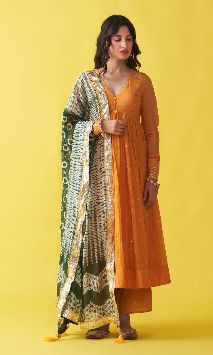 Gulzaar Mustard V-Neck Embroidered Anarkali with Palazzo and  Teel Green Shibori Dupatta (set of 3)