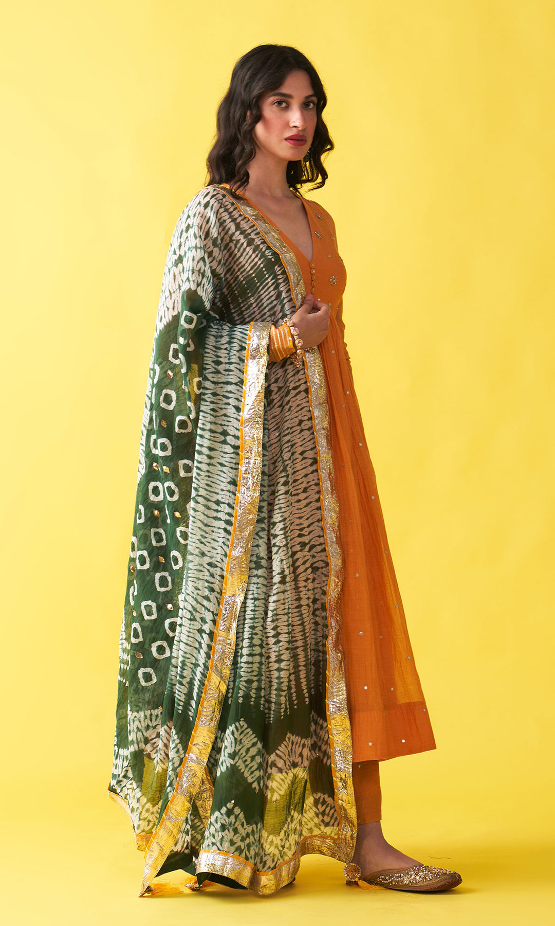 Gulzaar Mustard V-Neck Embroidered Anarkali with Palazzo and  Teel Green Shibori Dupatta (set of 3)