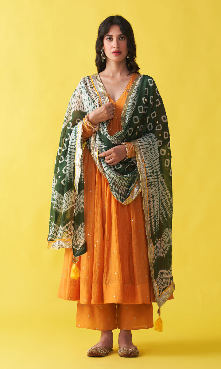 Gulzaar Mustard V-Neck Embroidered Anarkali with Palazzo and  Teel Green Shibori Dupatta (set of 3)