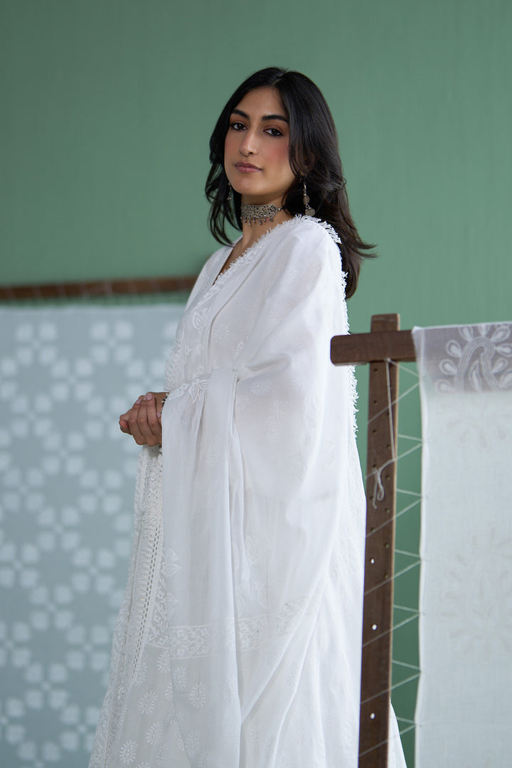 Chhaya Vol 2 White Long yoke gather anarkali with palazzo and dupatta (set of 3)