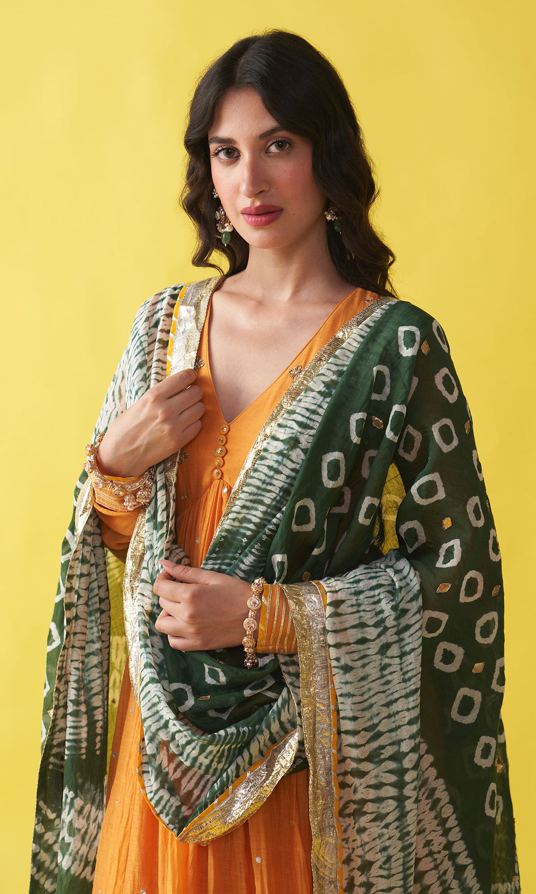 Gulzaar Mustard V-Neck Embroidered Anarkali with Palazzo and  Teel Green Shibori Dupatta (set of 3)