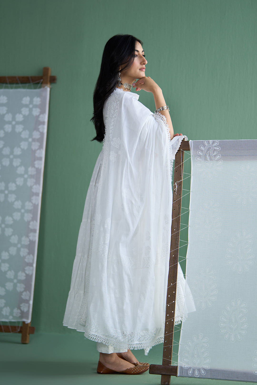Chhaya Vol 2 White Long yoke gather anarkali with palazzo and dupatta (set of 3)