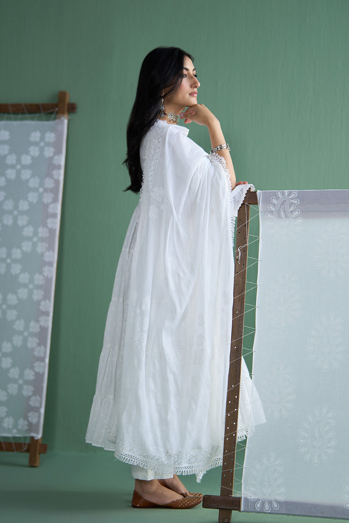 Chhaya Vol 2 White Long yoke gather anarkali with palazzo and dupatta (set of 3)
