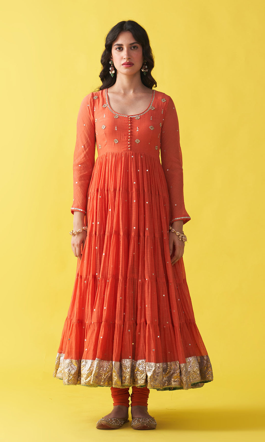 Gulzaar Orange Tiered anarkali with chooridar and bandhej dupatta (set of 3)
