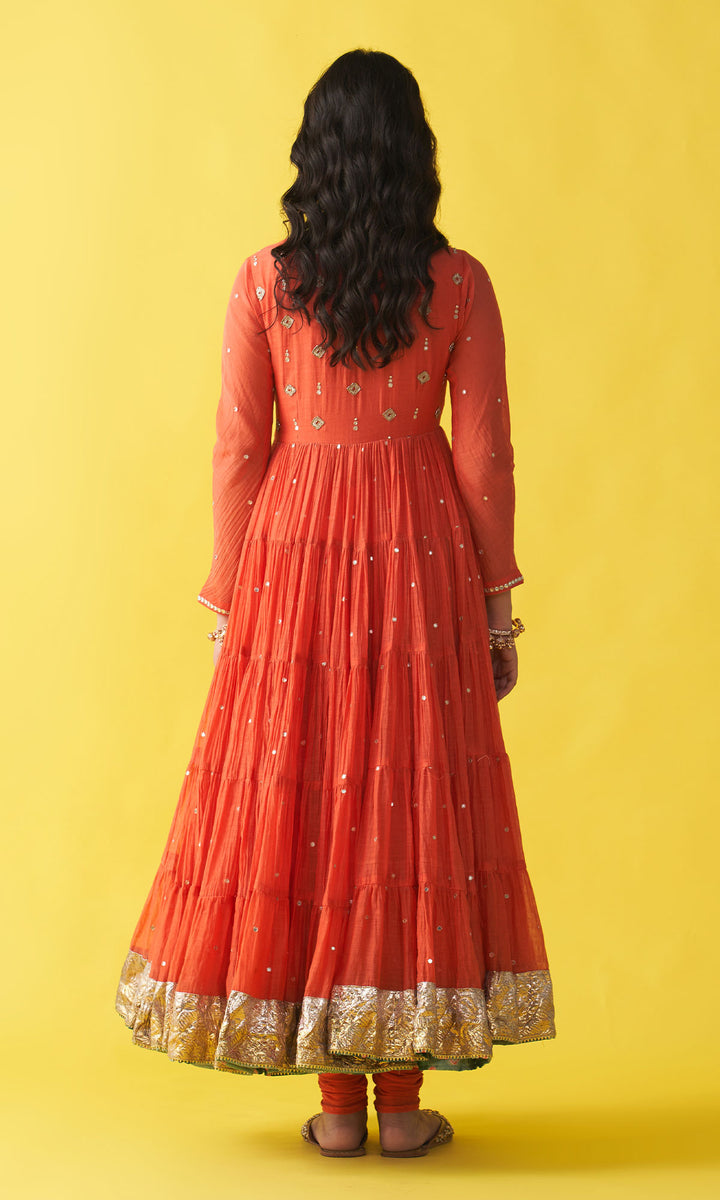 Gulzaar Orange Tiered anarkali with chooridar and bandhej dupatta (set of 3)