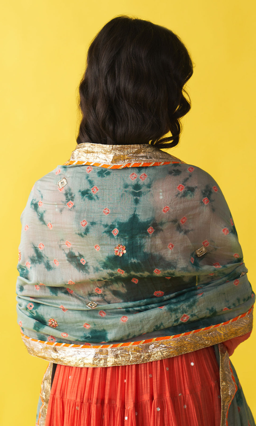 Gulzaar Orange Tiered anarkali with chooridar and bandhej dupatta (set of 3)