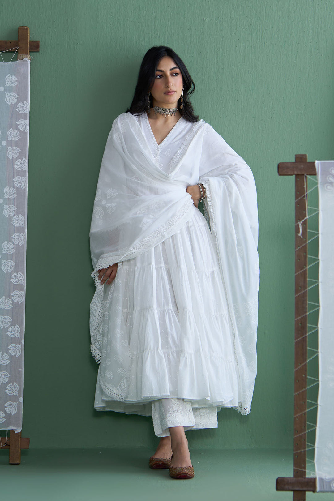 Chhaya Vol 2 White Tiered anarkali with chooridar and dupatta (set of 3)