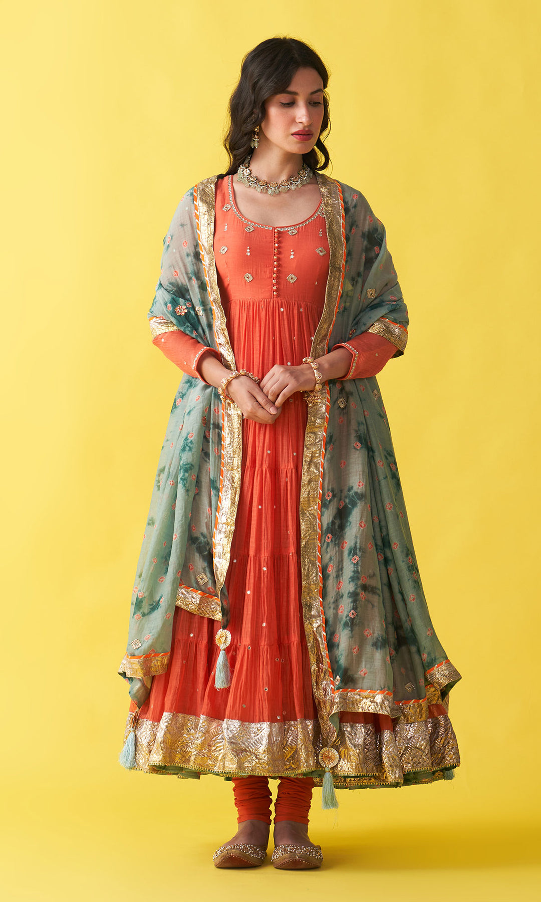Gulzaar Orange Tiered anarkali with chooridar and bandhej dupatta (set of 3)