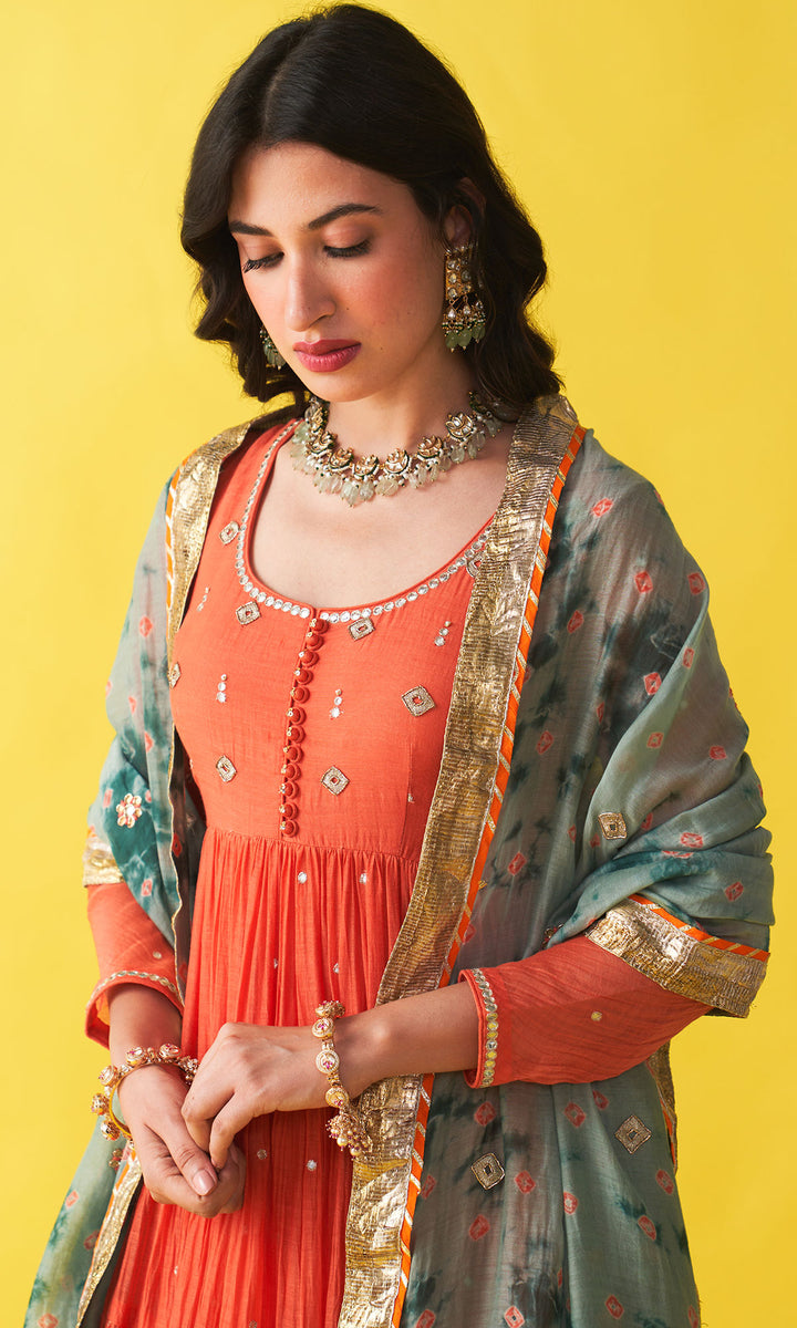 Gulzaar Orange Tiered anarkali with chooridar and bandhej dupatta (set of 3)