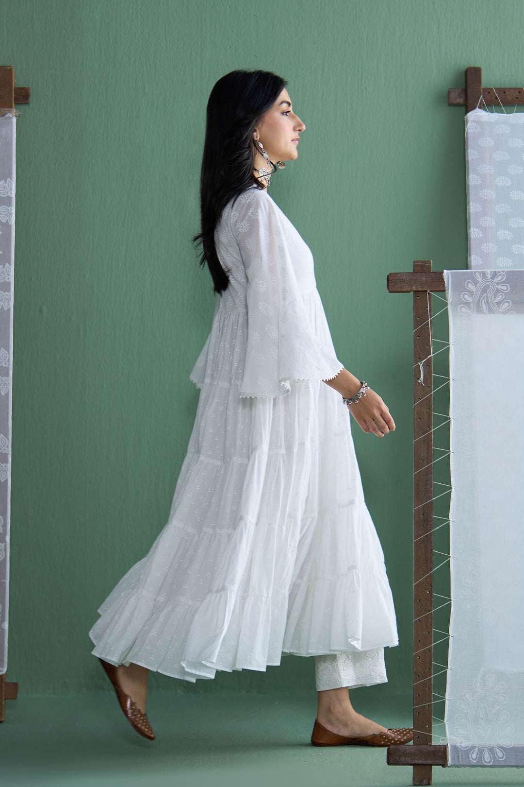 Chhaya Vol 2 White Long yoke gather anarkali with palazzo and dupatta (set of 3)