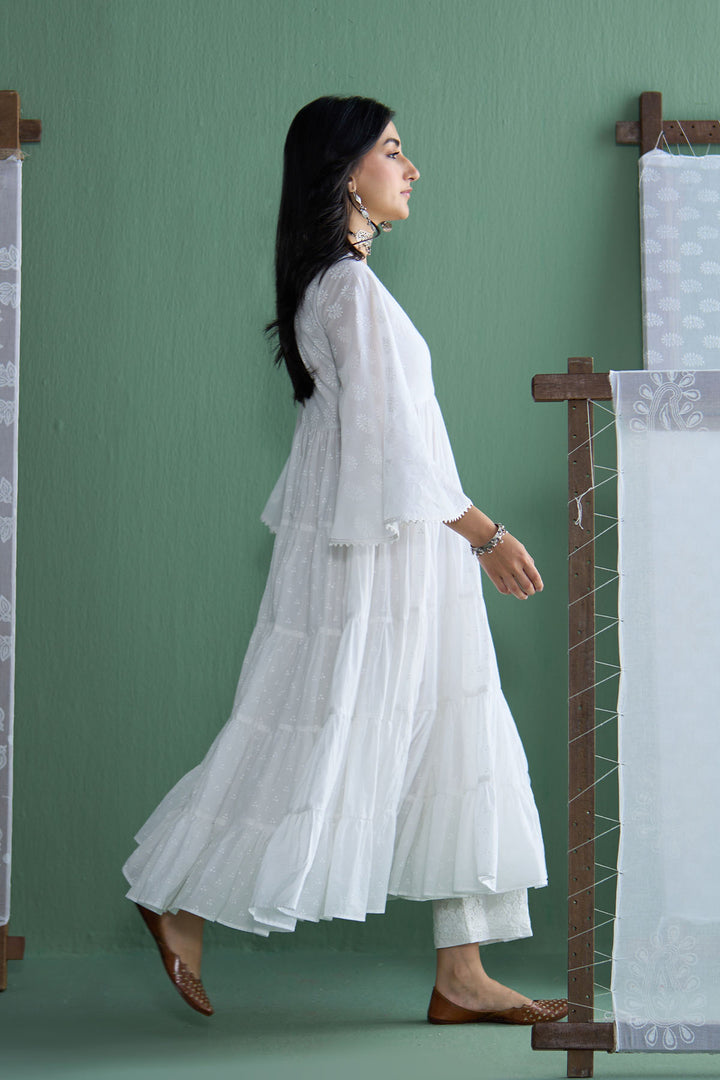 Chhaya Vol 2 White Long yoke gather anarkali with palazzo and dupatta (set of 3)