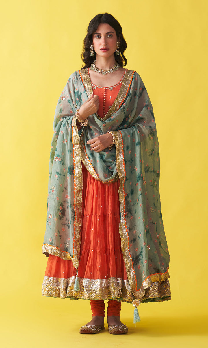 Gulzaar Orange Tiered anarkali with chooridar and bandhej dupatta (set of 3)
