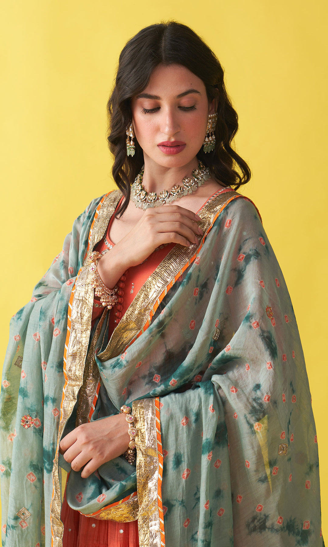 Gulzaar Orange Tiered anarkali with chooridar and bandhej dupatta (set of 3)