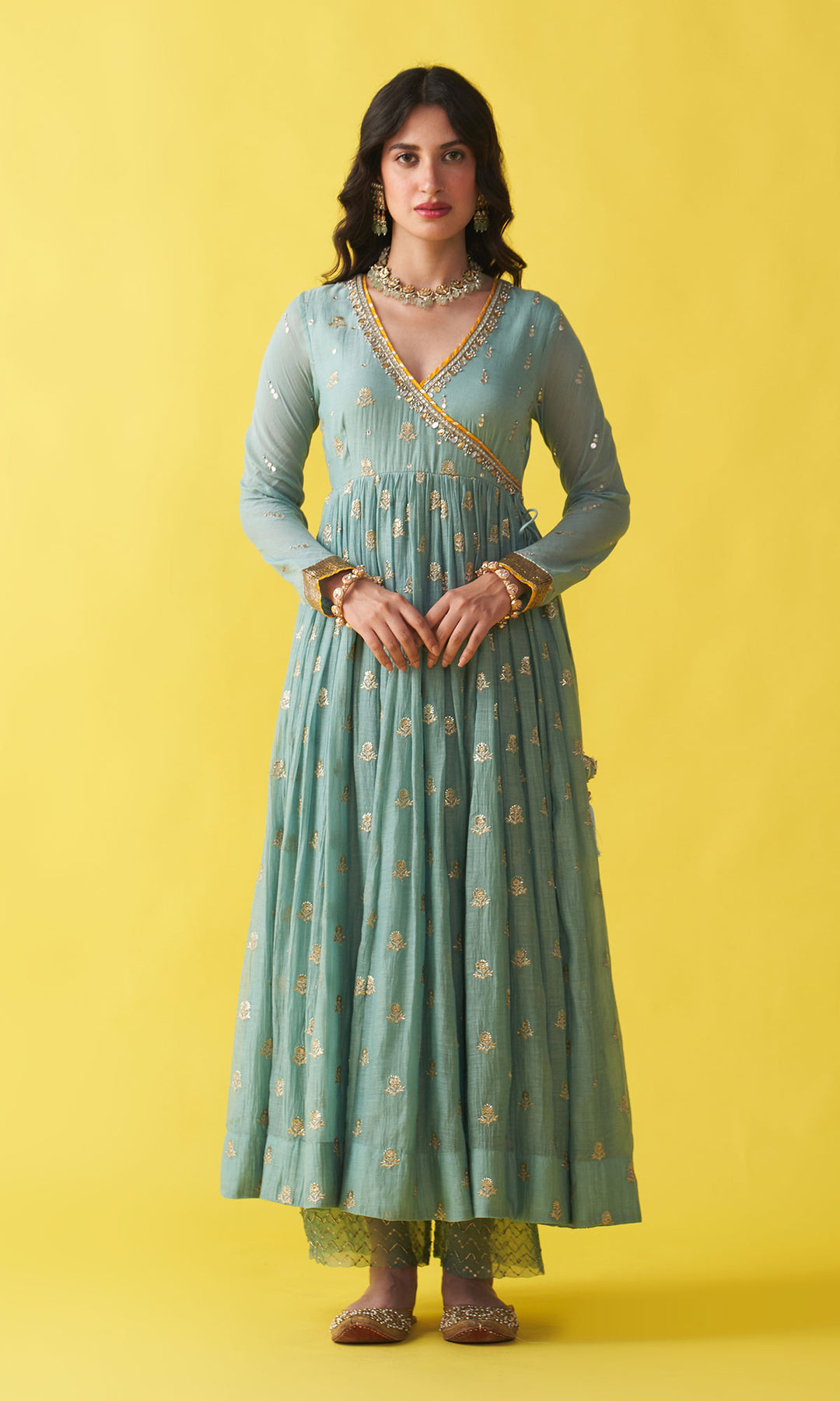 Gulzaar Turquoise Embroidered  Angrakha  Anarkali with Palazzo and Shibori Dupatta ( Set of 3)