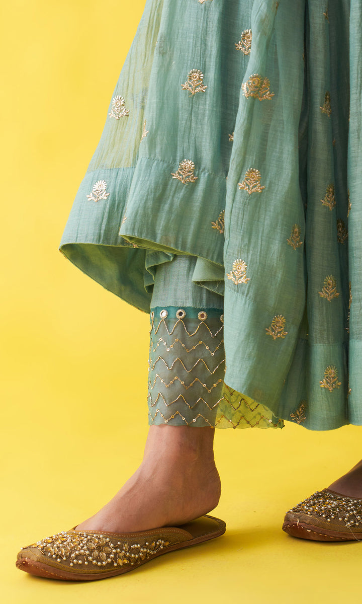 Gulzaar Turquoise Embroidered  Angrakha  Anarkali with Palazzo and Shibori Dupatta ( Set of 3)