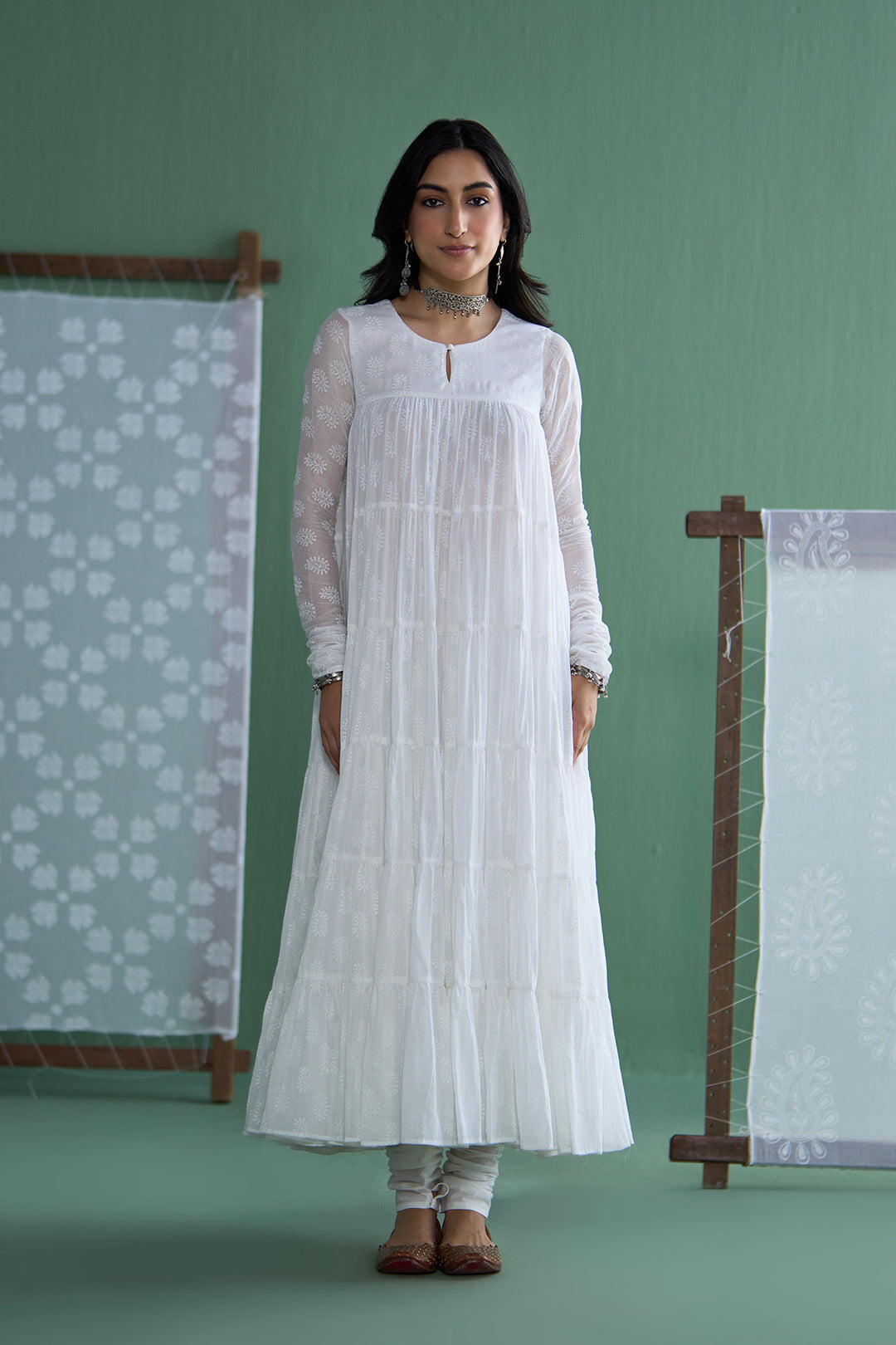 Chhaya Vol 2 White Tiered anarkali with chooridar and dupatta (set of 3)