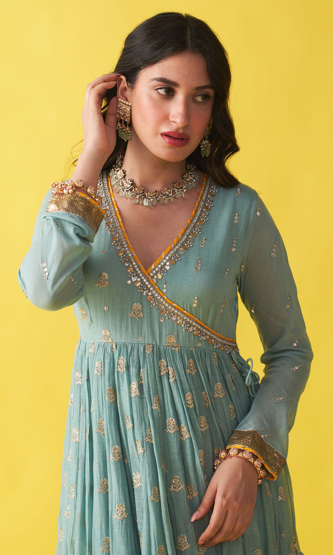 Gulzaar Turquoise Embroidered  Angrakha  Anarkali with Palazzo and Shibori Dupatta ( Set of 3)