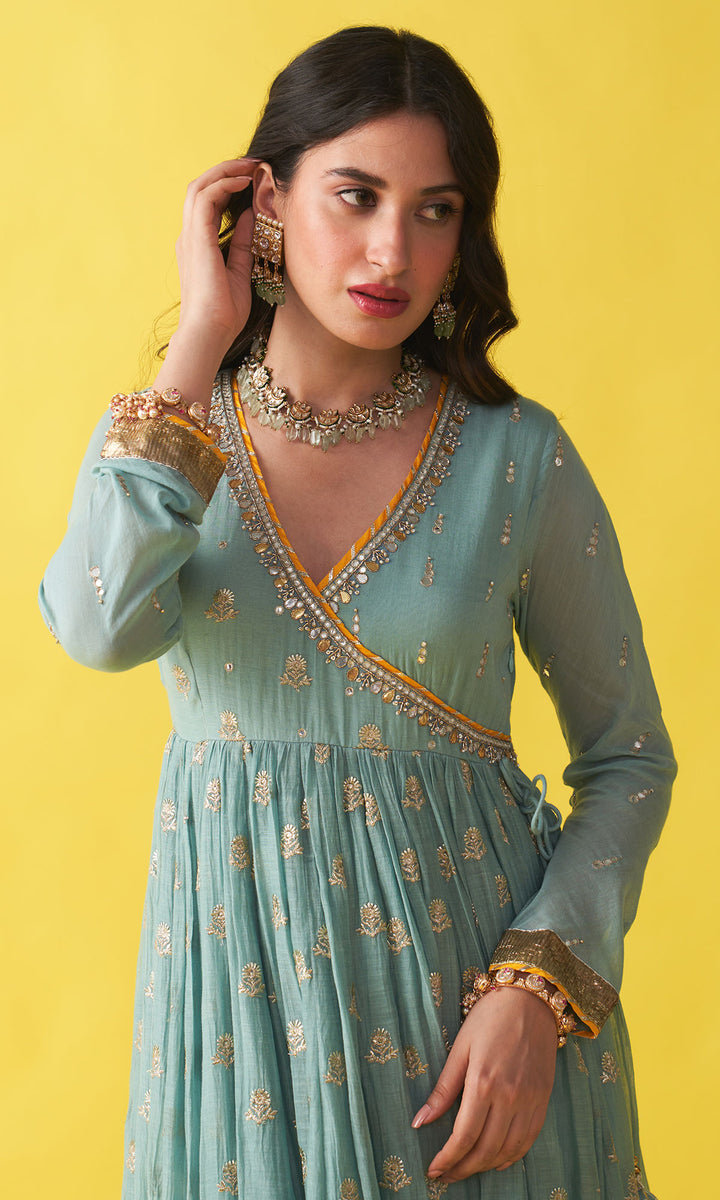 Gulzaar Turquoise Embroidered  Angrakha  Anarkali with Palazzo and Shibori Dupatta ( Set of 3)