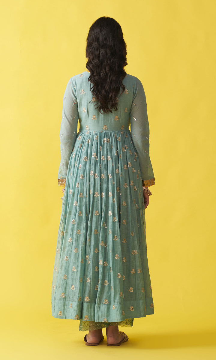 Gulzaar Turquoise Embroidered  Angrakha  Anarkali with Palazzo and Shibori Dupatta ( Set of 3)